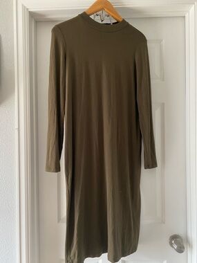 Eileen Fisher stretch jersey mock turtleneck dress olive green size small